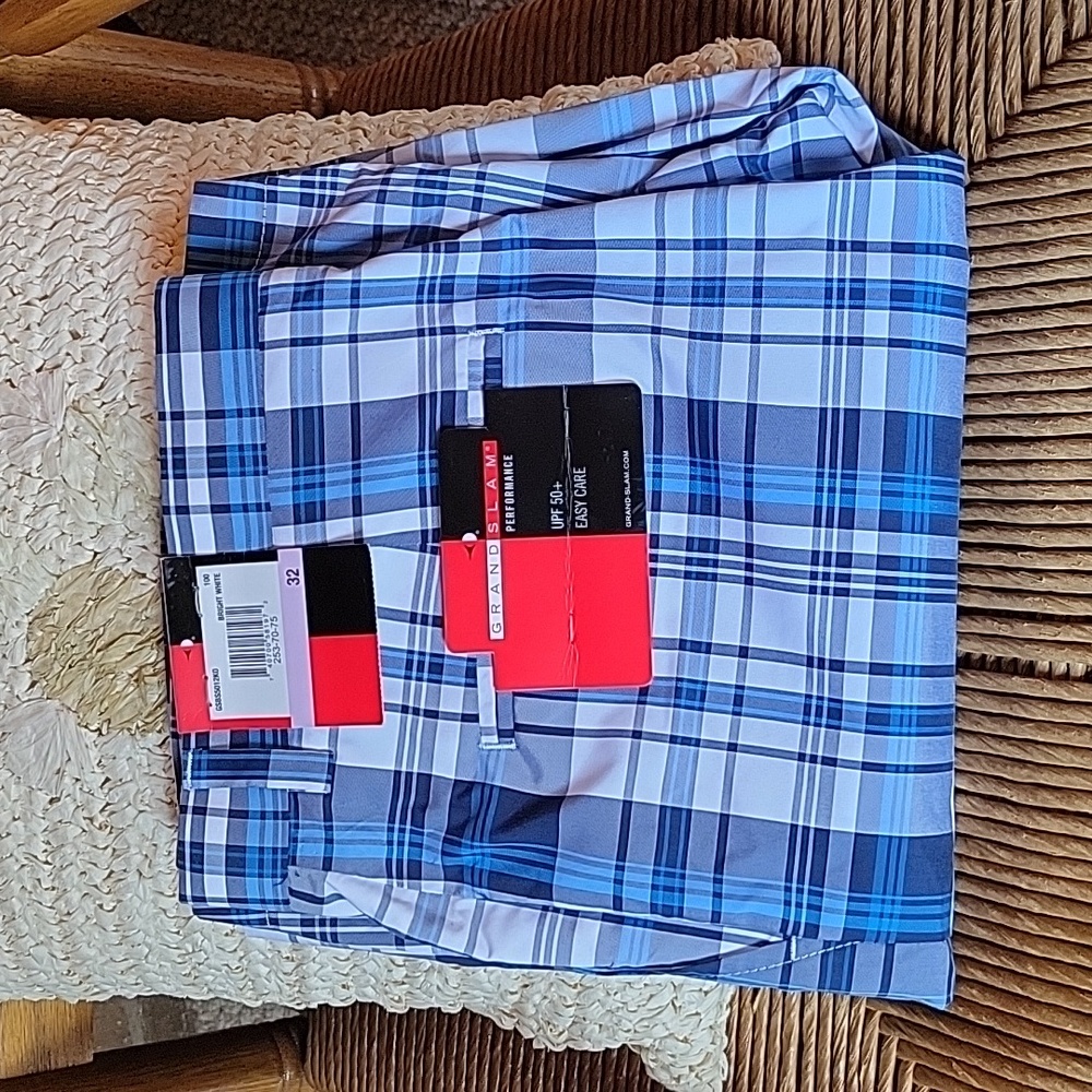 Grand Slam performance UPF50+ blue/white plaid shorts, size 32